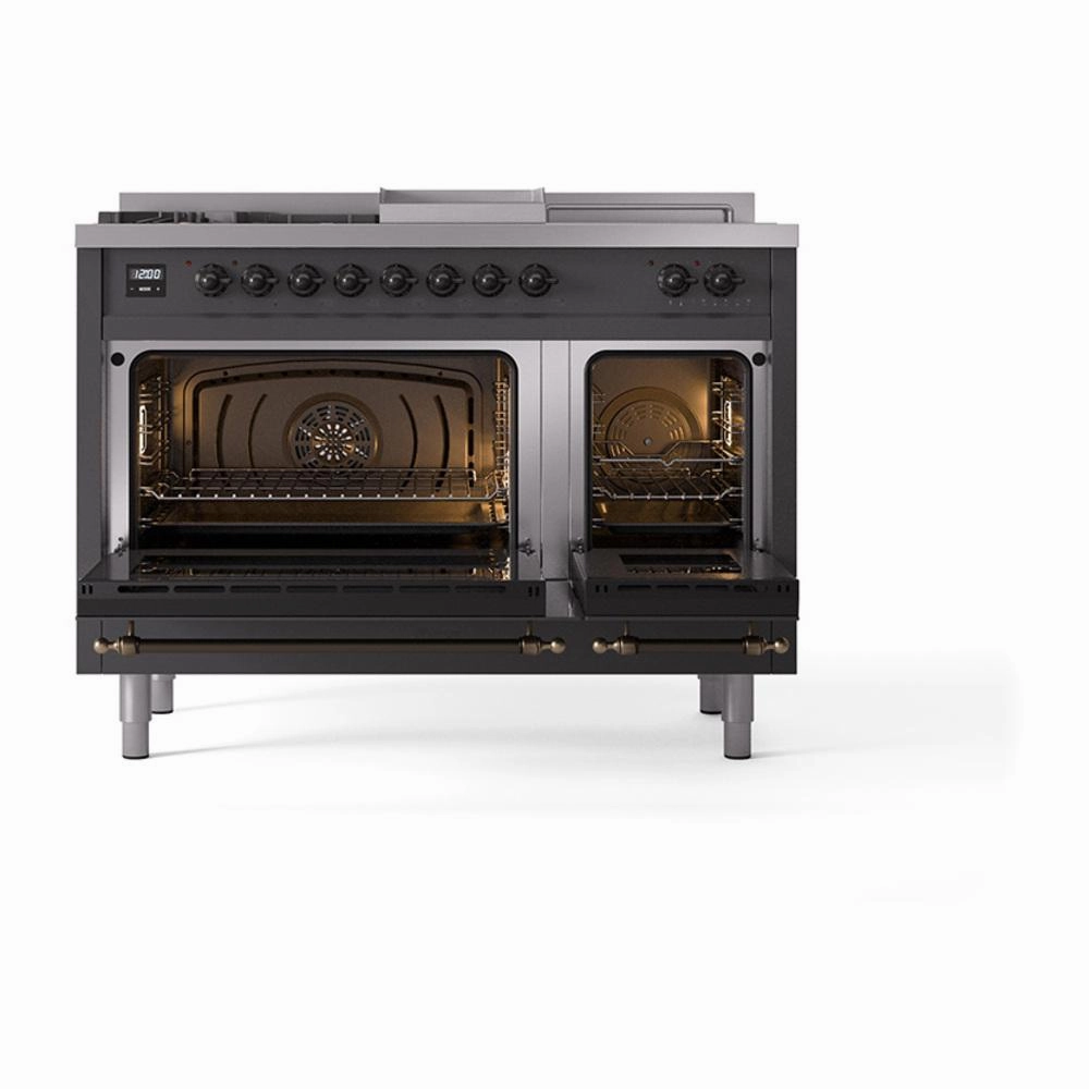 Ilve UN48FSQNMPMGBLP Ilve Un48Fsqnmpmgblp Nostalgie Ii Noblesse 48" Dual Fuel Range (5 Sealed Burners   Griddle   French Top, Liquid Propane, Solid Door, Graphite Matte, Burnished)