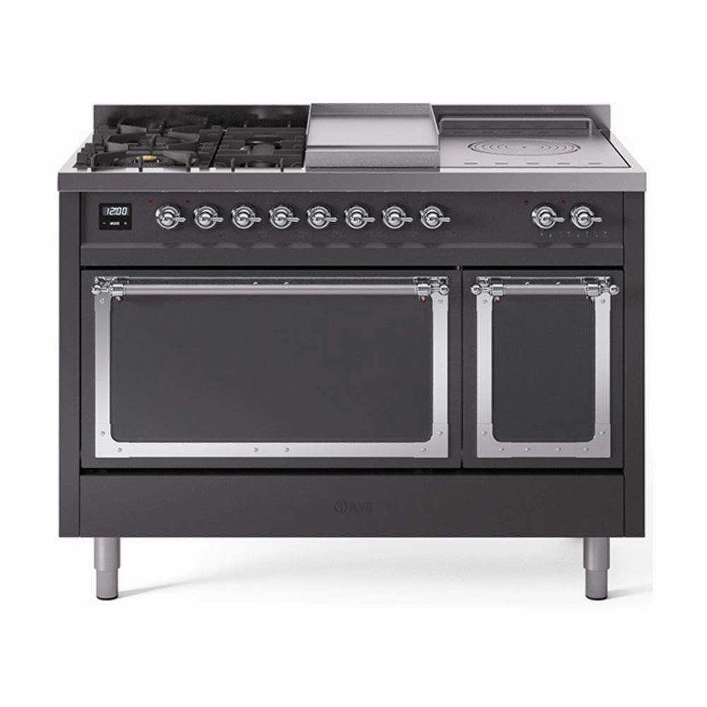 Ilve UN48FSQNMPMGCLP Ilve Un48Fsqnmpmgclp Nostalgie Ii Noblesse 48" Dual Fuel Range (5 Sealed Burners   Griddle   French Top, Liquid Propane, Solid Door, Graphite Matte, Chrome) Freestanding Ranges freestanding dual fuel range 30 inch
