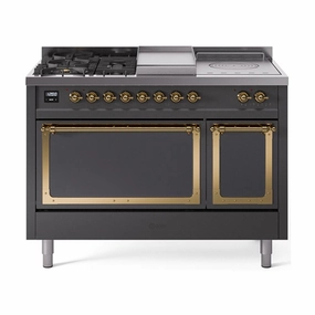 Ilve UN48FSQNMPMGG Ilve Un48Fsqnmpmgg Nostalgie Ii Noblesse 48" Dual Fuel Range (5 Sealed Burners   Griddle   French Top, Natural Gas, Solid Door, Graphite Matte, Brass) Freestanding Ranges freestanding dual fuel range 30 inch
