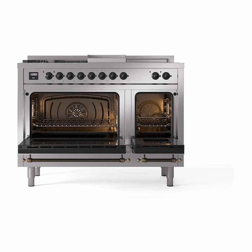 Ilve UN48FSQNMPSSBLP Ilve Un48Fsqnmpssblp Nostalgie Ii Noblesse 48" Dual Fuel Range (5 Sealed Burners   Griddle   French Top, Liquid Propane, Solid Door, Stainless Steel, Burnished)