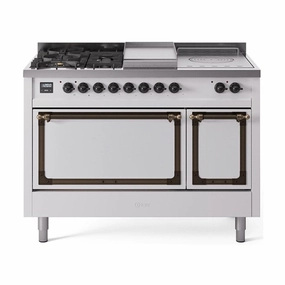 Ilve UN48FSQNMPWHB Ilve Un48Fsqnmpwhb Nostalgie Ii Noblesse 48" Dual Fuel Range (5 Sealed Burners   Griddle   French Top, Natural Gas, Solid Door, White, Burnished) Freestanding Ranges freestanding dual fuel range 30 inch