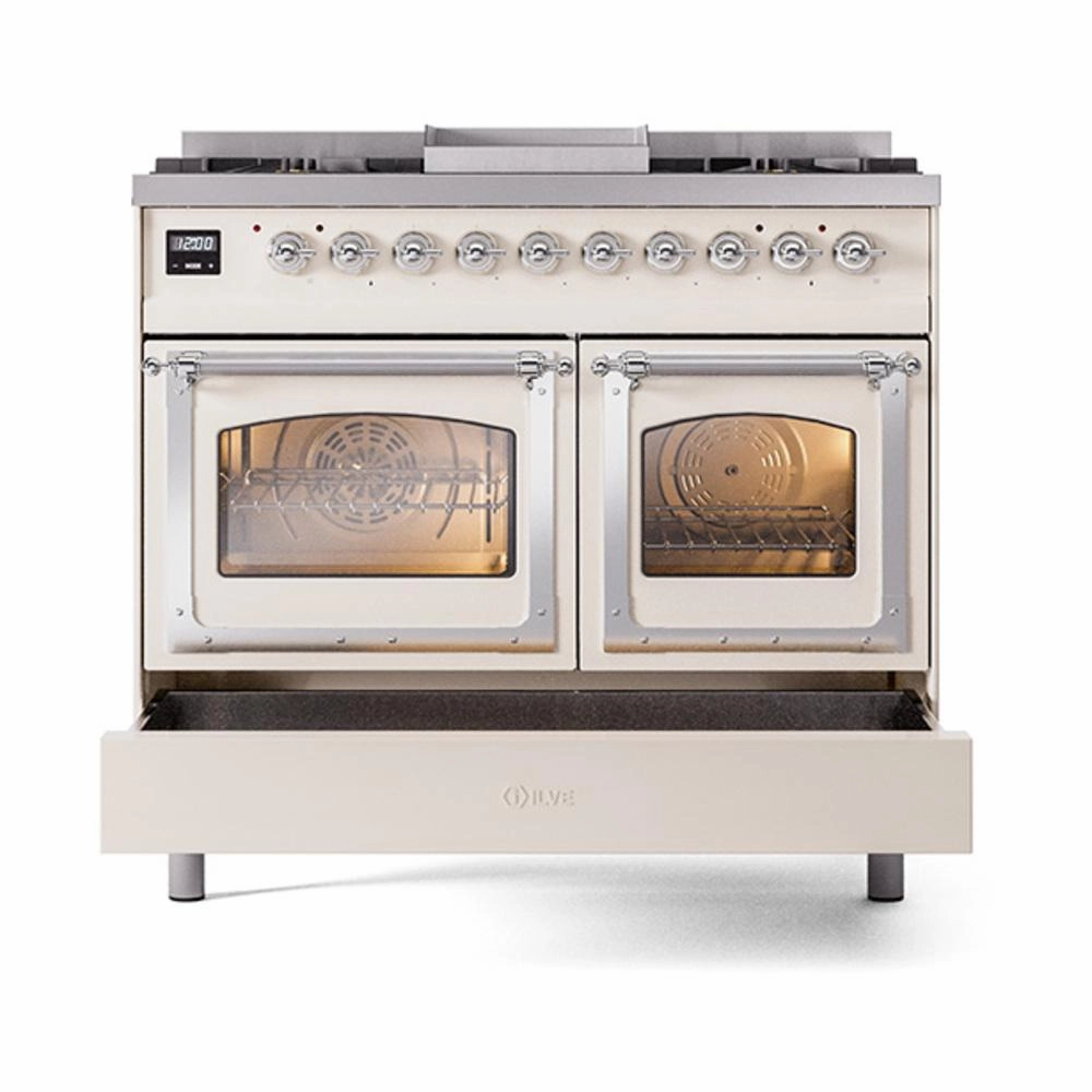 Ilve UND40FNMPAWC Ilve Und40Fnmpawc Nostalgie Ii Noblesse 40" Dual Fuel Range (Natural Gas, Triple Glass Door, Antique White, Chrome)