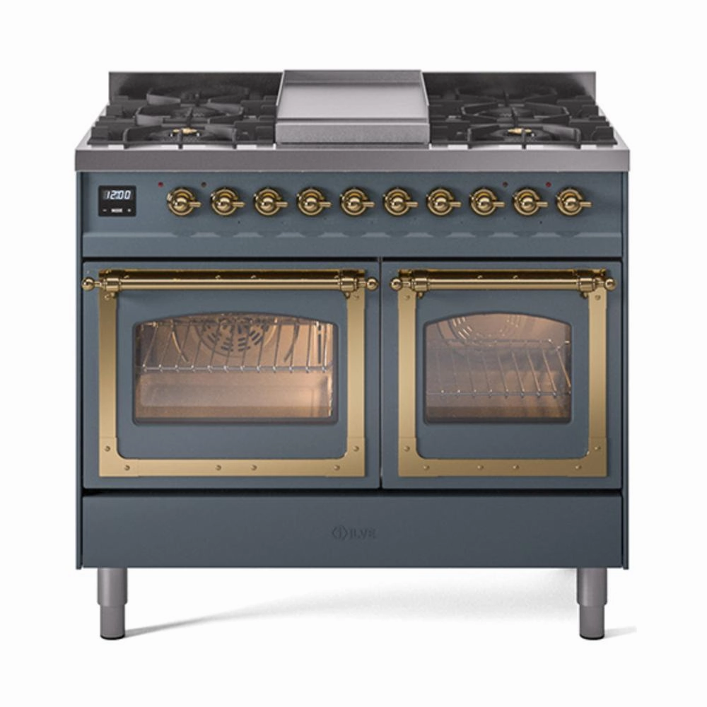 Ilve UND40FNMPBGGLP Ilve Und40Fnmpbgglp Nostalgie Ii Noblesse 40" Dual Fuel Range (Liquid Propane, Triple Glass Door, Blue Grey, Brass) Freestanding Ranges freestanding dual fuel range 30 inch