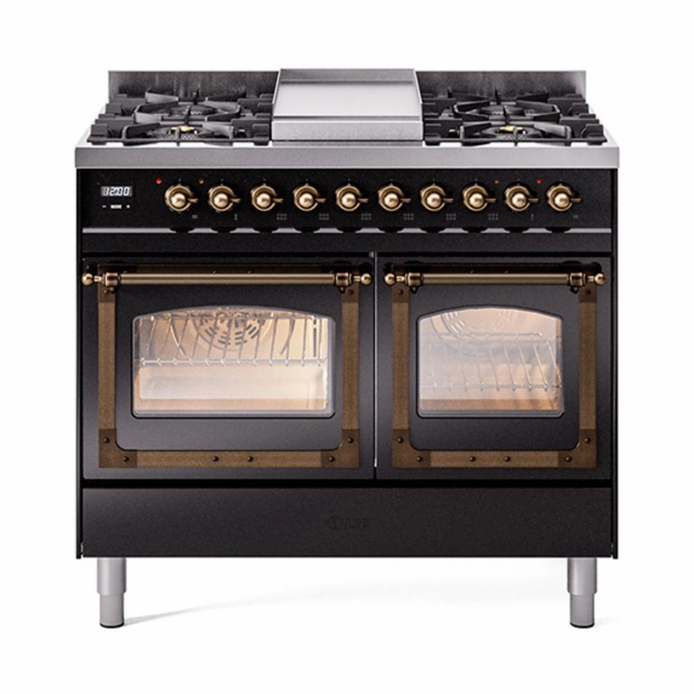 Ilve UND40FNMPBKB Ilve Und40Fnmpbkb Nostalgie Ii Noblesse 40" Dual Fuel Range (Natural Gas, Triple Glass Door, Glossy Black, Burnished) Freestanding Ranges freestanding dual fuel range 30 inch