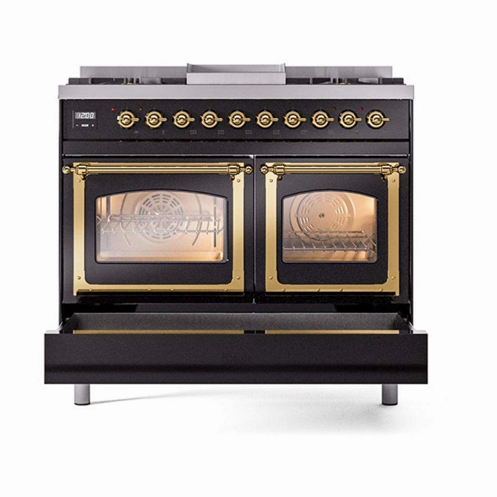 Ilve UND40FNMPBKGLP Ilve Und40Fnmpbkglp Nostalgie Ii Noblesse 40" Dual Fuel Range (Liquid Propane, Triple Glass Door, Glossy Black, Brass)