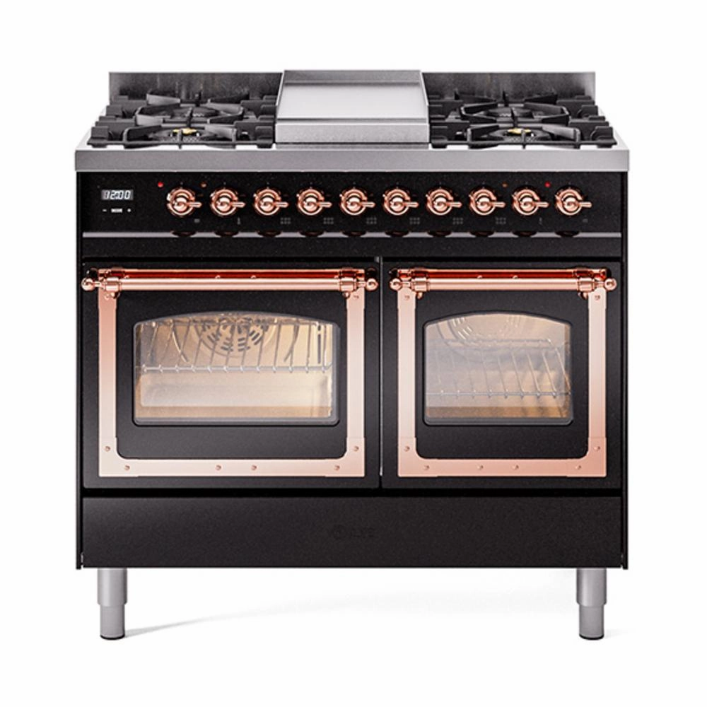 Ilve UND40FNMPBKPLP Ilve Und40Fnmpbkplp Nostalgie Ii Noblesse 40" Dual Fuel Range (Liquid Propane, Triple Glass Door, Glossy Black, Copper) Freestanding Ranges freestanding dual fuel range 30 inch