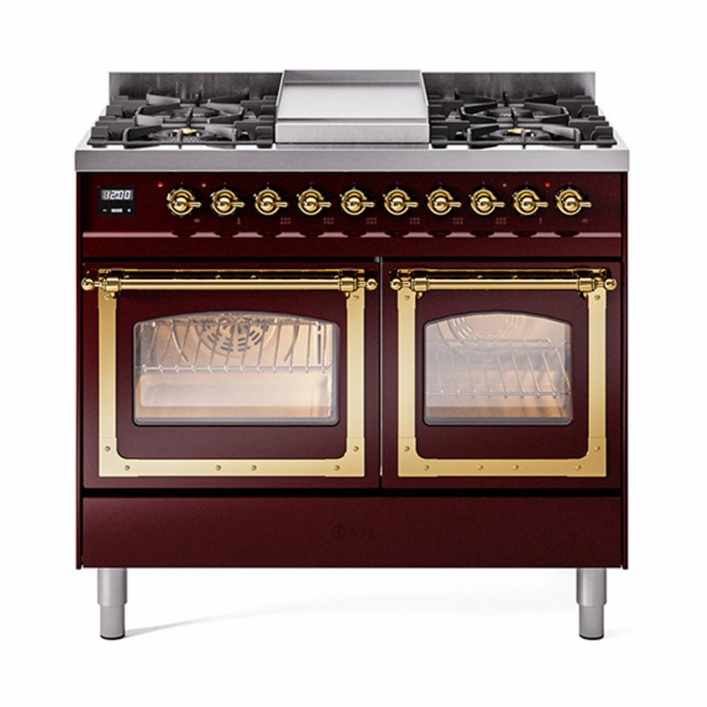 Ilve UND40FNMPBUGLP Ilve Und40Fnmpbuglp Nostalgie Ii Noblesse 40" Dual Fuel Range (Liquid Propane, Triple Glass Door, Burgundy, Brass) Freestanding Ranges freestanding dual fuel range 30 inch