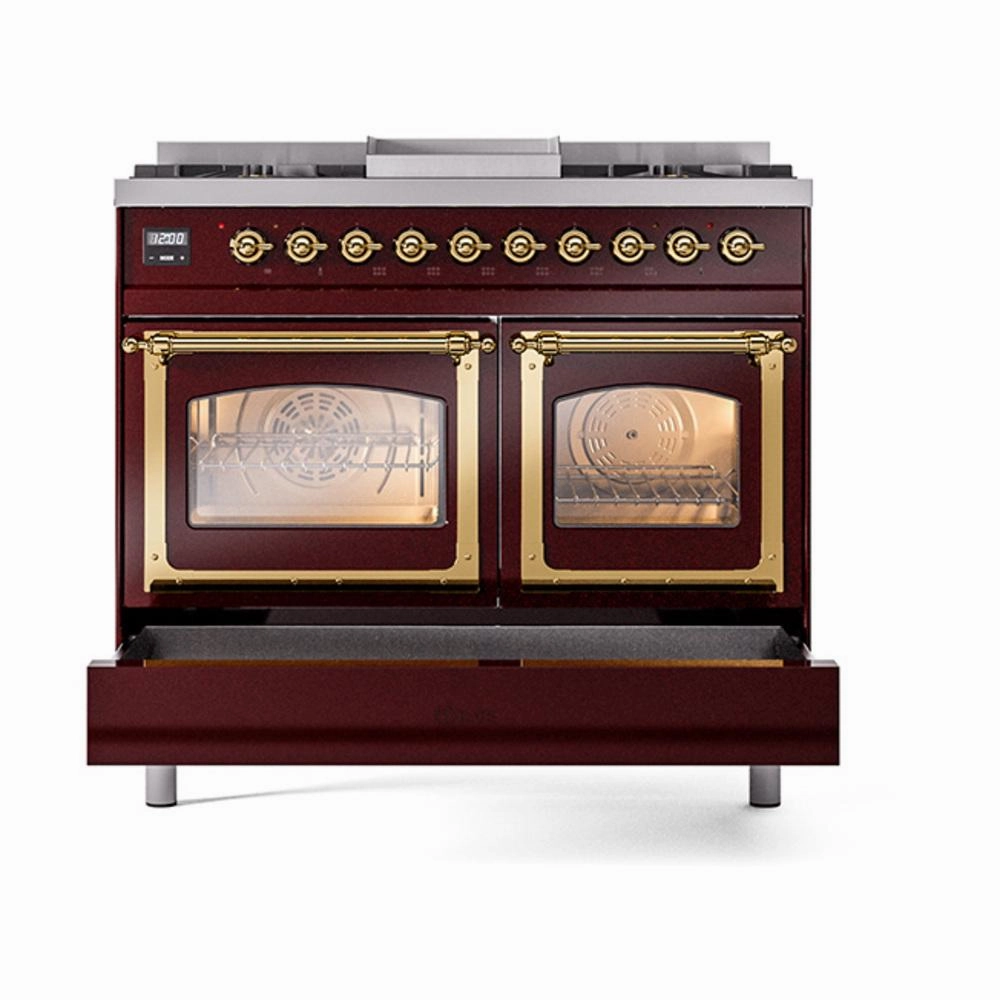 Ilve UND40FNMPBUGLP Ilve Und40Fnmpbuglp Nostalgie Ii Noblesse 40" Dual Fuel Range (Liquid Propane, Triple Glass Door, Burgundy, Brass)