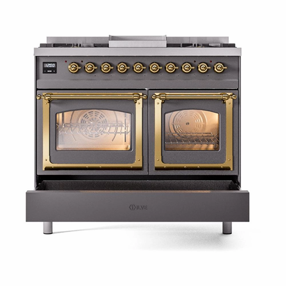 Ilve UND40FNMPMGGLP Ilve Und40Fnmpmgglp Nostalgie Ii Noblesse 40" Dual Fuel Range (Liquid Propane, Triple Glass Door, Graphite Matte, Brass)