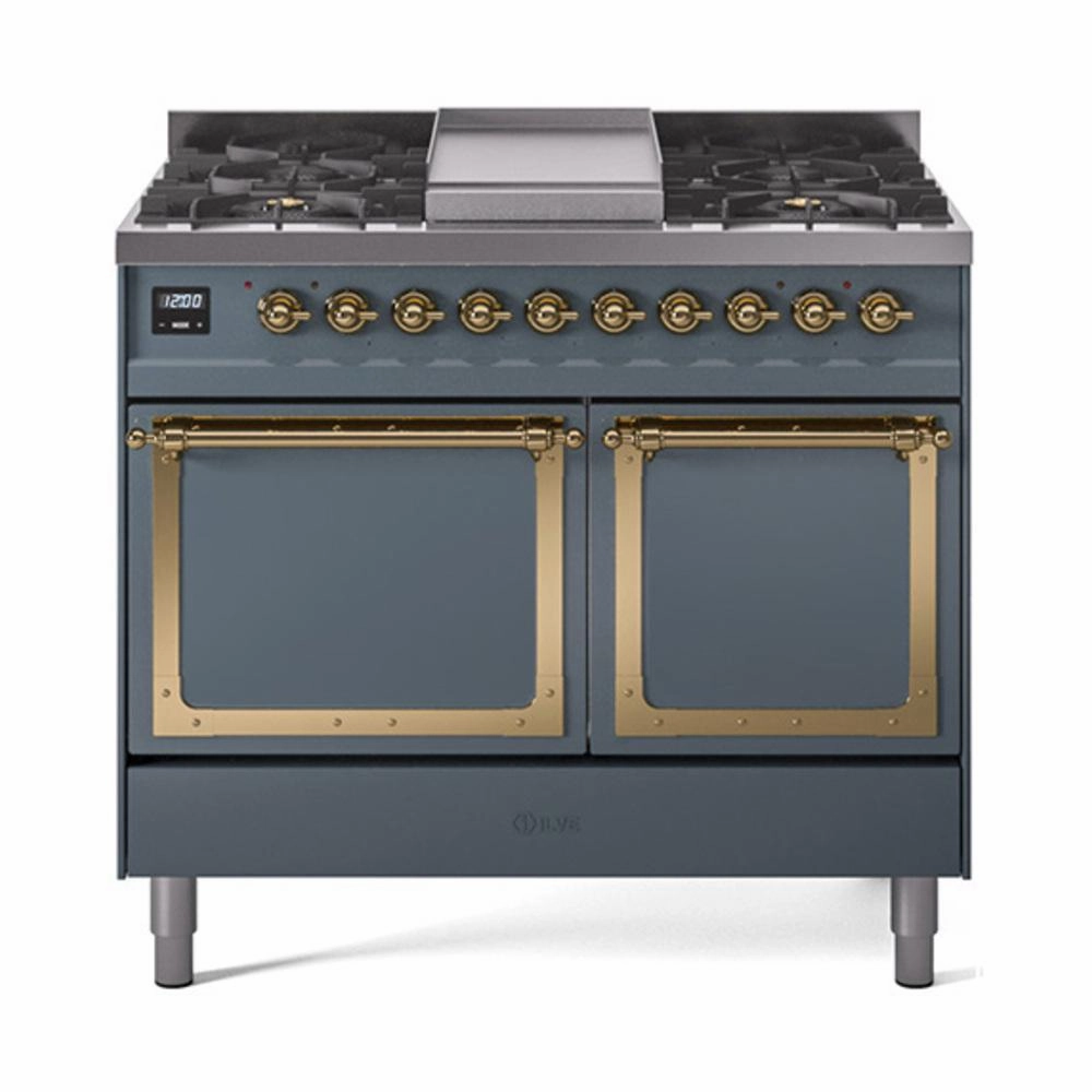 Ilve UND40FQNMPBGGLP Ilve Und40Fqnmpbgglp Nostalgie Ii Noblesse 40" Dual Fuel Range (Liquid Propane, Solid Door, Blue Grey, Brass) Freestanding Ranges freestanding dual fuel range 30 inch