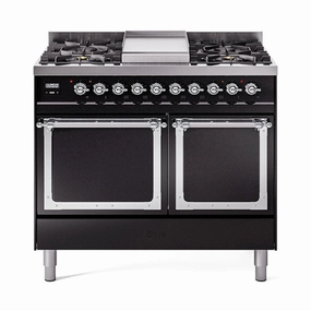 Ilve UND40FQNMPBKC Ilve Und40Fqnmpbkc Nostalgie Ii Noblesse 40" Dual Fuel Range (Natural Gas, Solid Door, Glossy Black, Chrome) Freestanding Ranges freestanding dual fuel range 30 inch