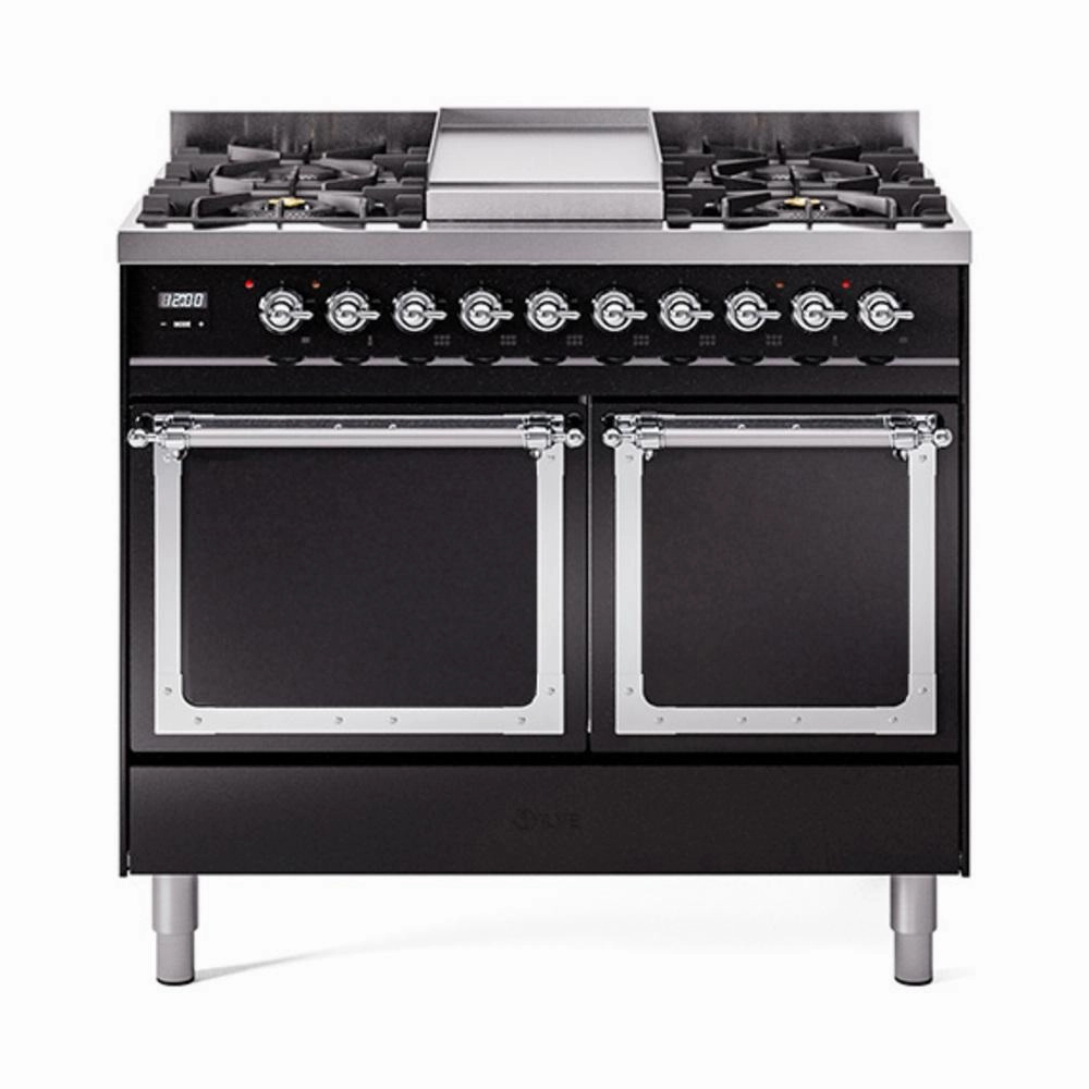 Ilve UND40FQNMPBKC Ilve Und40Fqnmpbkc Nostalgie Ii Noblesse 40" Dual Fuel Range (Natural Gas, Solid Door, Glossy Black, Chrome) Freestanding Ranges freestanding dual fuel range 30 inch