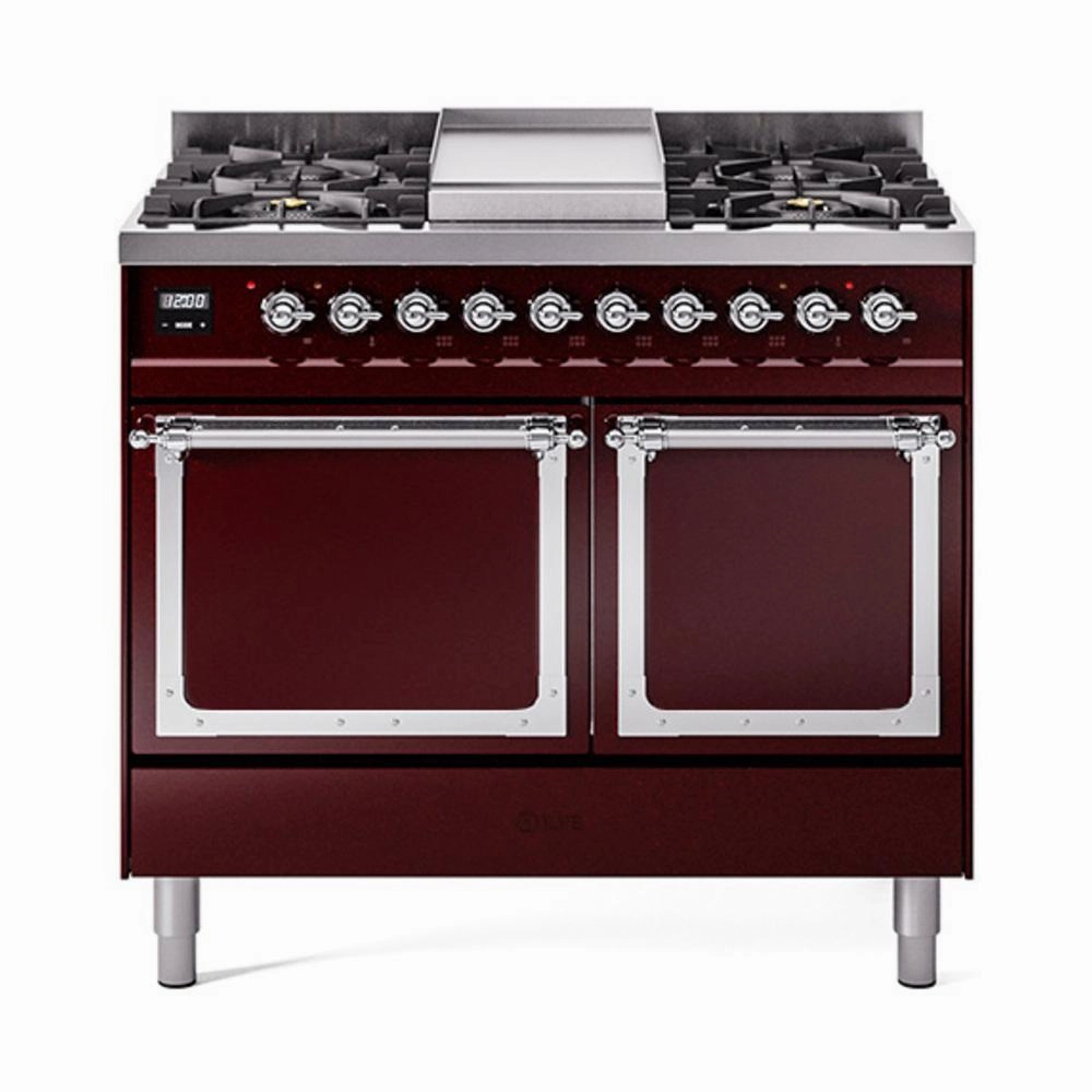 Ilve UND40FQNMPBUCLP Ilve Und40Fqnmpbuclp Nostalgie Ii Noblesse 40" Dual Fuel Range (Liquid Propane, Solid Door, Burgundy, Chrome) Freestanding Ranges freestanding dual fuel range 30 inch