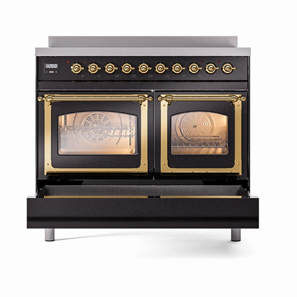Ilve UNDI406NMPBKG Ilve Undi406Nmpbkg Nostalgie Ii Noblesse 40" Induction Range (Triple Glass Door, Glossy Black, Brass)