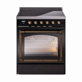 Ilve UNI304NMPBKB Ilve Uni304Nmpbkb Nostalgie Ii Noblesse 30" Induction Range (Triple Glass Door, Glossy Black, Burnished) Freestanding Ranges freestanding dual fuel range 30 inch