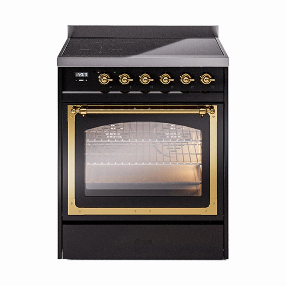 Ilve UNI304NMPBKG Ilve Uni304Nmpbkg Nostalgie Ii Noblesse 30" Induction Range (Triple Glass Door, Glossy Black, Brass) Freestanding Ranges freestanding dual fuel range 30 inch