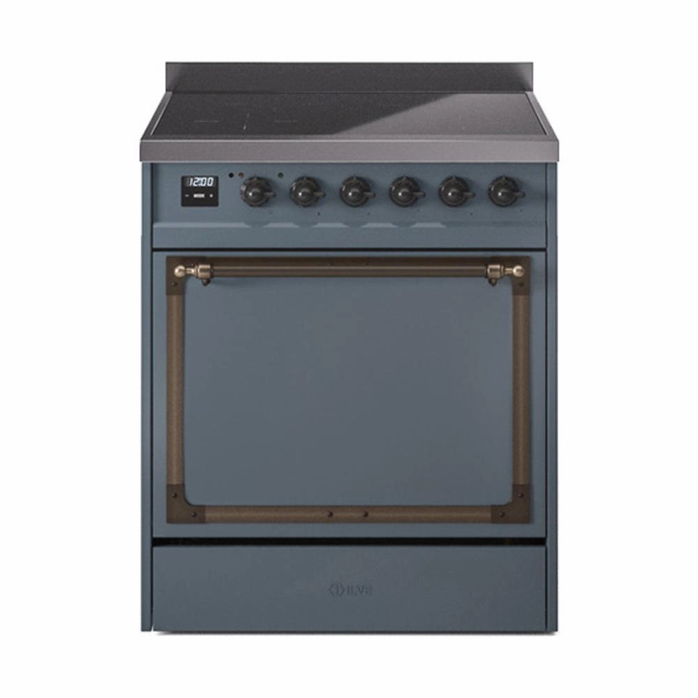 Ilve UNI304QNMPBGB Ilve Uni304Qnmpbgb Nostalgie Ii Noblesse 30" Induction Range (Solid Door, Blue Grey, Burnished) Freestanding Ranges freestanding dual fuel range 30 inch