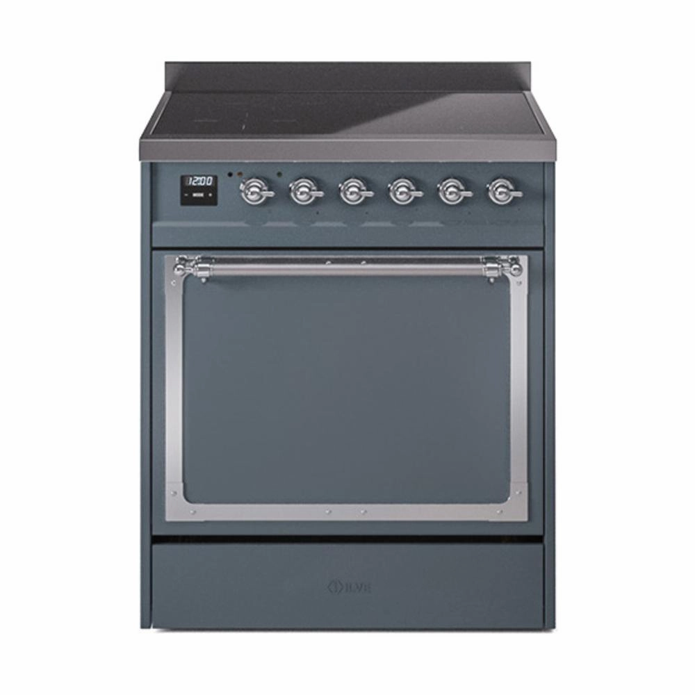 Ilve UNI304QNMPBGC Ilve Uni304Qnmpbgc Nostalgie Ii Noblesse 30" Induction Range (Solid Door, Blue Grey, Chrome) Freestanding Ranges freestanding dual fuel range 30 inch
