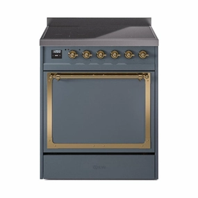 Ilve UNI304QNMPBGG Ilve Uni304Qnmpbgg Nostalgie Ii Noblesse 30" Induction Range (Solid Door, Blue Grey, Brass) Freestanding Ranges freestanding dual fuel range 30 inch