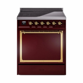 Ilve UNI304QNMPBUG Ilve Uni304Qnmpbug Nostalgie Ii Noblesse 30" Induction Range (Solid Door, Burgundy, Brass) Freestanding Ranges freestanding dual fuel range 30 inch