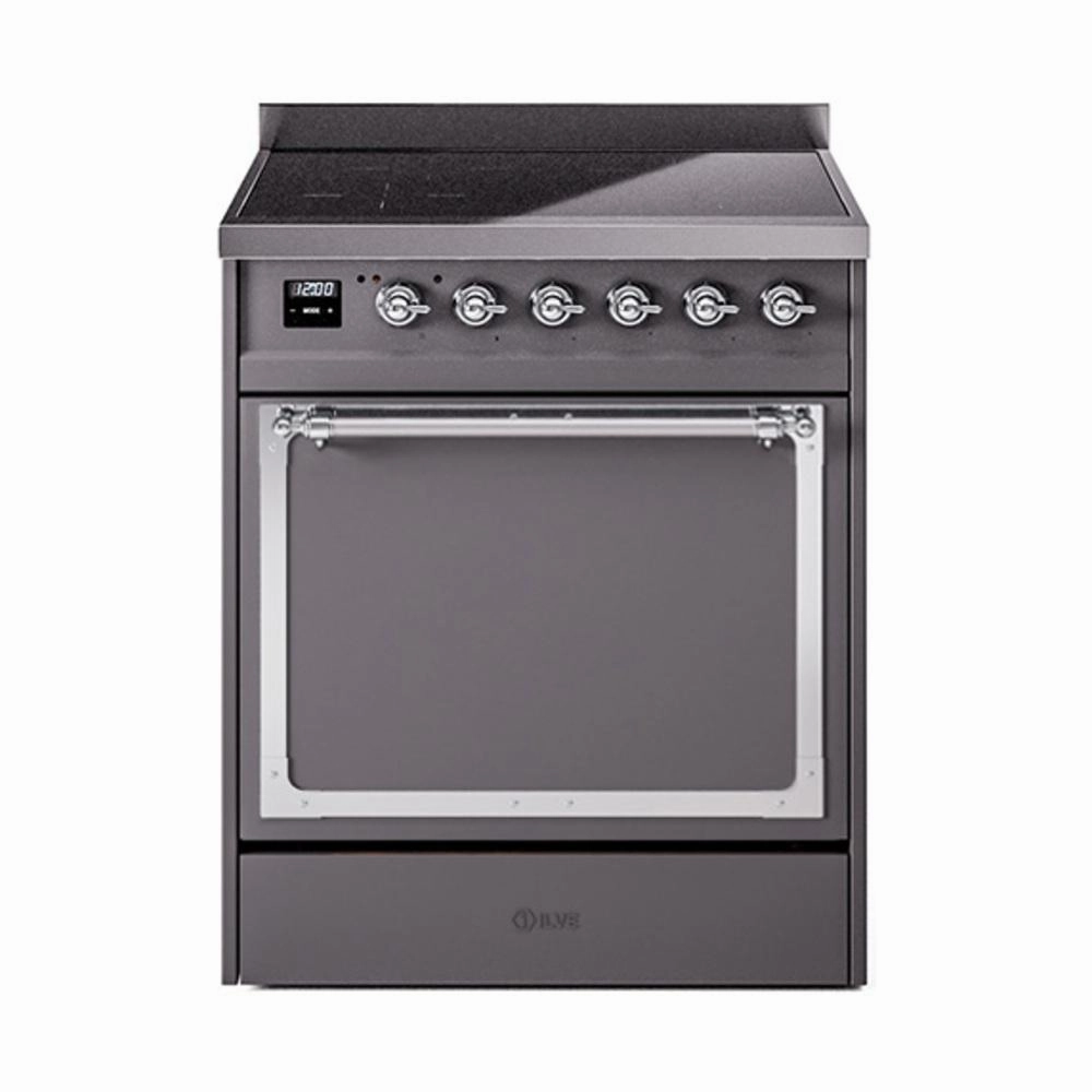 Ilve UNI304QNMPMGC Ilve Uni304Qnmpmgc Nostalgie Ii Noblesse 30" Induction Range (Solid Door, Graphite Matte, Chrome) Freestanding Ranges freestanding dual fuel range 30 inch