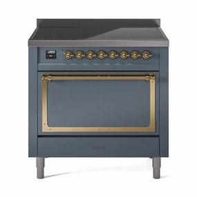 Ilve UNI366QNMPBGG Ilve Uni366Qnmpbgg Nostalgie Ii Noblesse 36" Induction Range (Solid Door, Blue Grey, Brass) Freestanding Ranges freestanding dual fuel range 30 inch