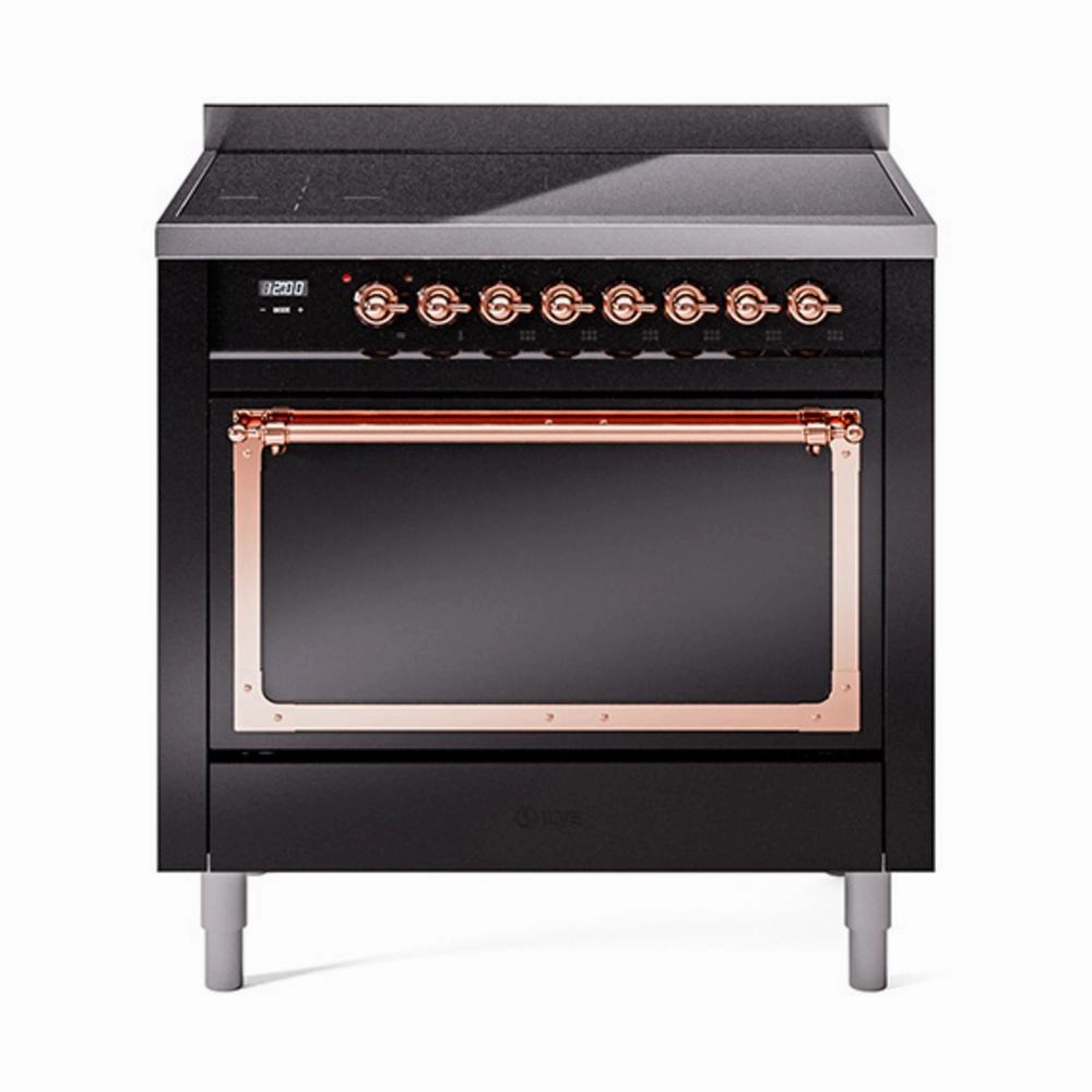 Ilve UNI366QNMPBKP Ilve Uni366Qnmpbkp Nostalgie Ii Noblesse 36" Induction Range (Solid Door, Glossy Black, Copper) Freestanding Ranges freestanding dual fuel range 30 inch