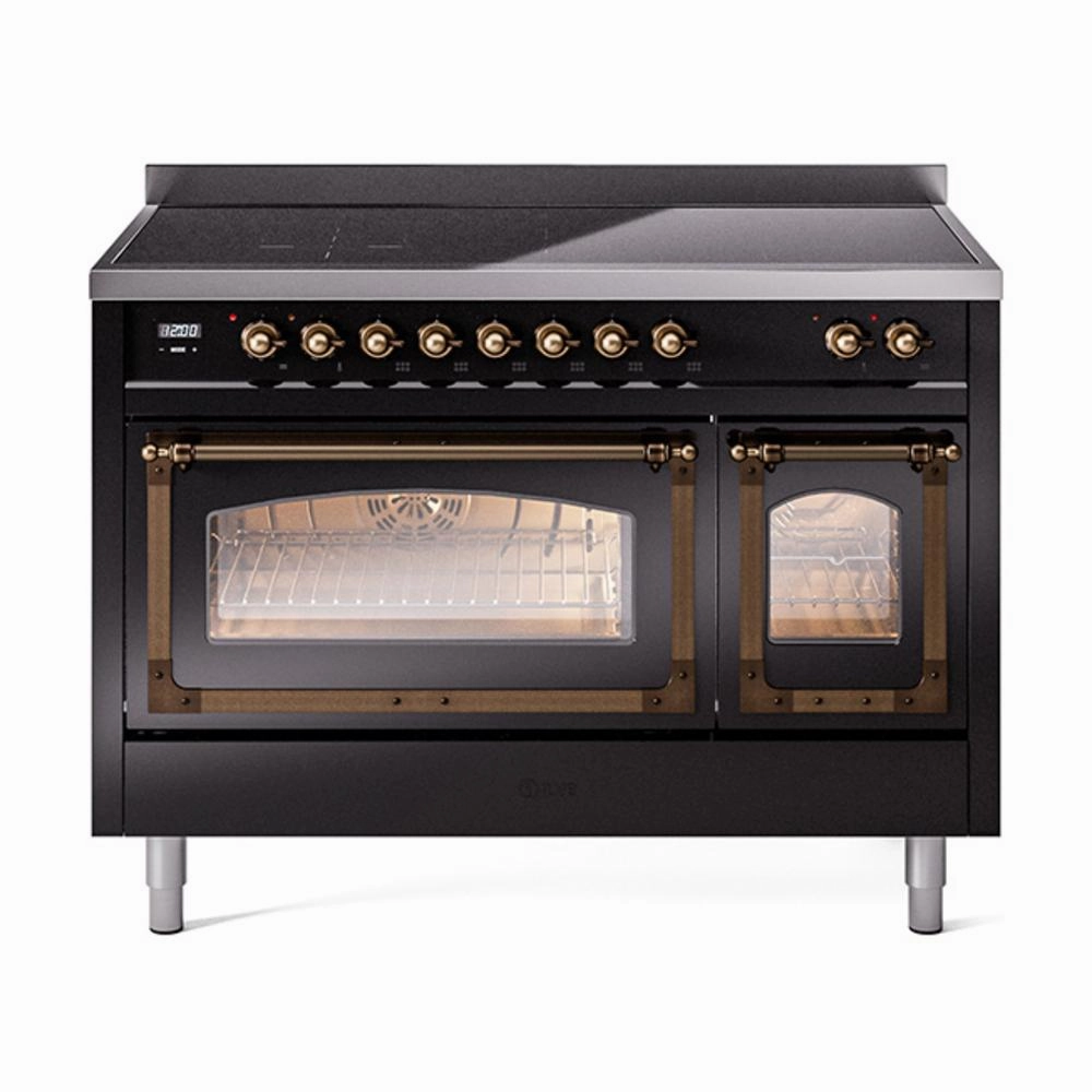 Ilve UNI486NMPBKB Ilve Uni486Nmpbkb Nostalgie Ii Noblesse 48" Induction Range (Triple Glass Door, Glossy Black, Burnished) Freestanding Ranges freestanding dual fuel range 30 inch