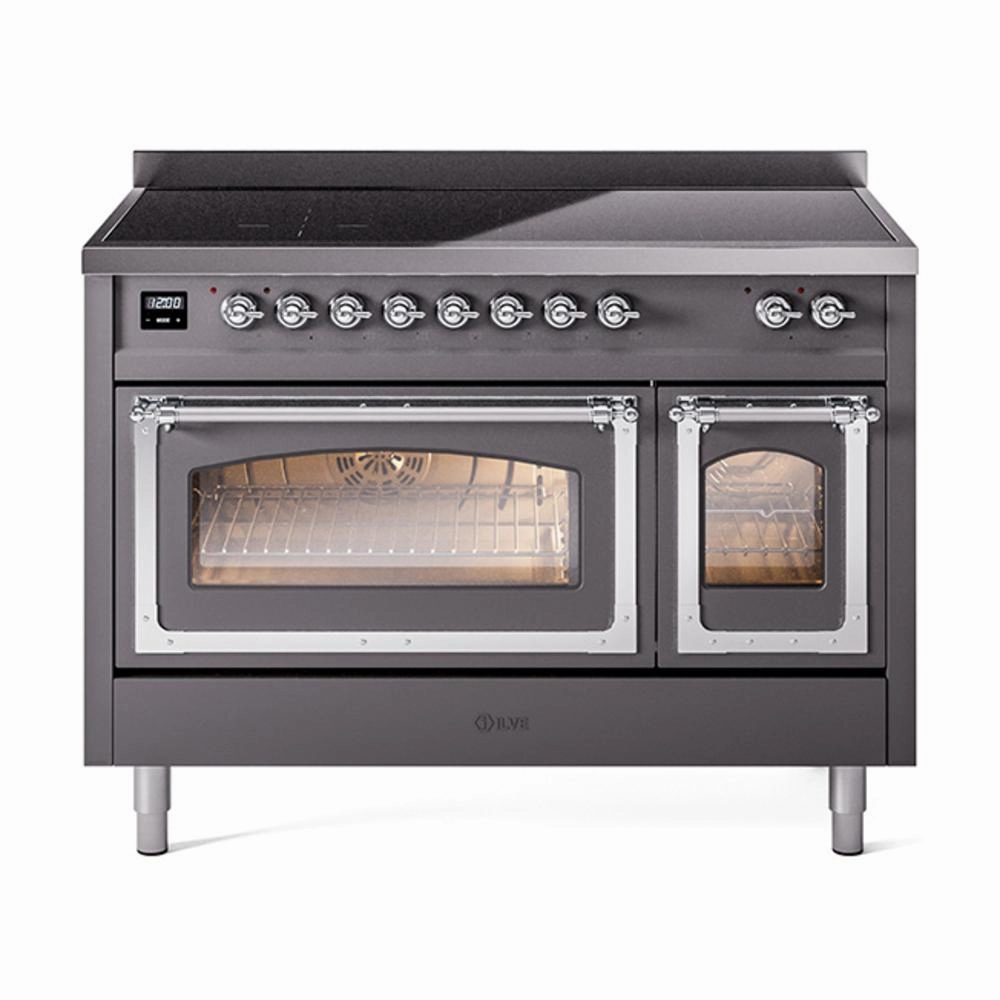 Ilve UNI486NMPMGC Ilve Uni486Nmpmgc Nostalgie Ii Noblesse 48" Induction Range (Triple Glass Door, Graphite Matte, Chrome) Freestanding Ranges freestanding dual fuel range 30 inch