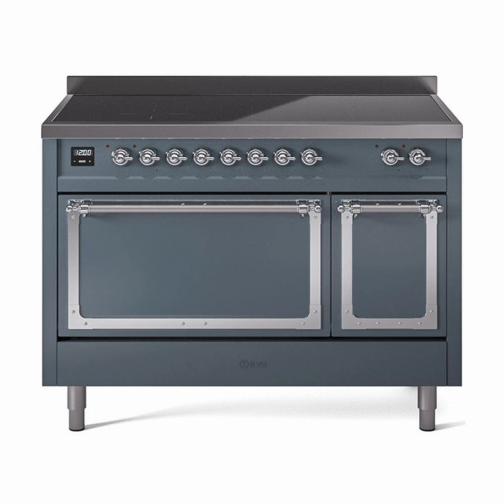 Ilve UNI486QNMPBGC Ilve Uni486Qnmpbgc Nostalgie Ii Noblesse 48" Induction Range (Solid Door, Blue Grey, Chrome) Freestanding Ranges freestanding dual fuel range 30 inch