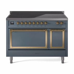 Ilve UNI486QNMPBGG Ilve Uni486Qnmpbgg Nostalgie Ii Noblesse 48" Induction Range (Solid Door, Blue Grey, Brass) Freestanding Ranges freestanding dual fuel range 30 inch