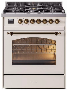 Ilve UP30NMPAWBLP Nostalgie Ii 30 Inch Dual Fuel Liquid Propane Freestanding Range In Antique White With Bronze Trim Freestanding Ranges freestanding dual fuel range 30 inch