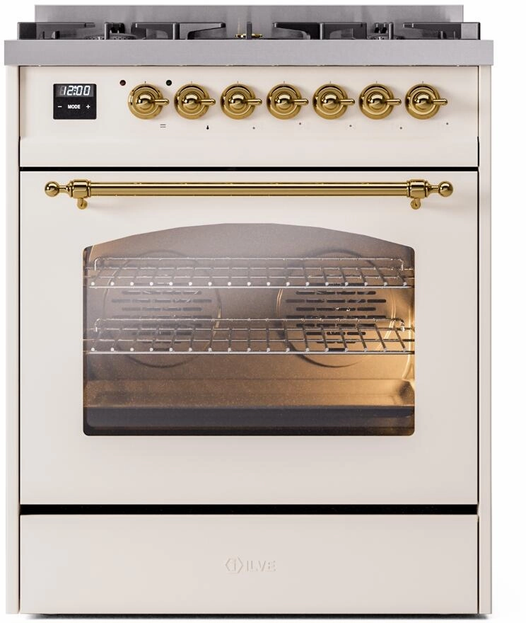 Ilve UP30NMPAWG Nostalgie Ii 30 Inch Dual Fuel Natural Gas Freestanding Range In Antique White With Brass Trim