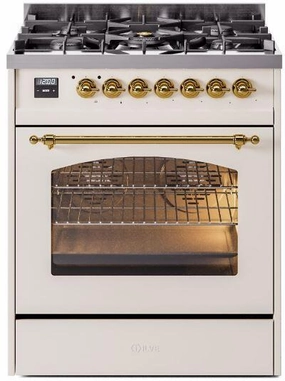 Ilve UP30NMPAWG Nostalgie Ii 30 Inch Dual Fuel Natural Gas Freestanding Range In Antique White With Brass Trim Freestanding Ranges freestanding dual fuel range 30 inch