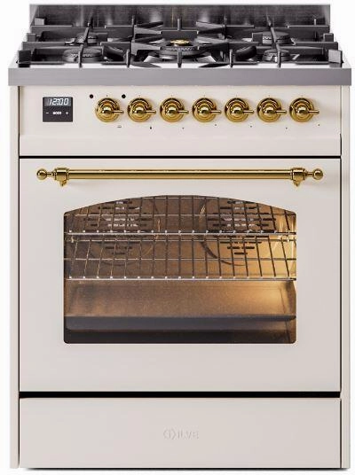 Ilve UP30NMPAWG Nostalgie Ii 30 Inch Dual Fuel Natural Gas Freestanding Range In Antique White With Brass Trim Freestanding Ranges freestanding dual fuel range 30 inch