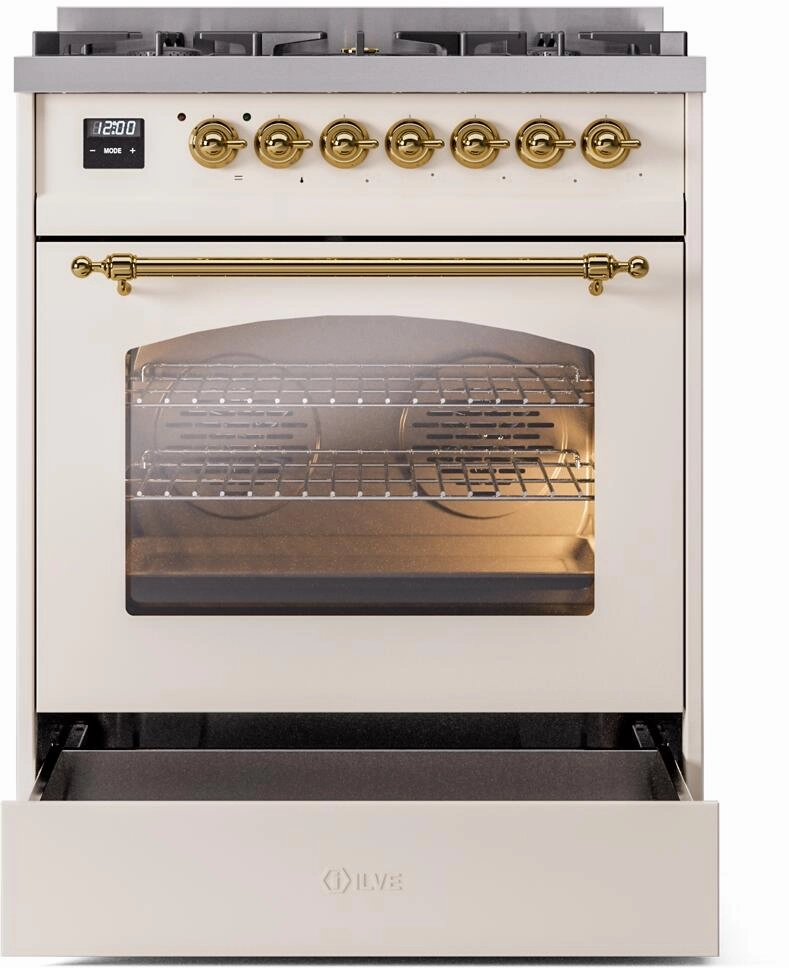 Ilve UP30NMPAWG Nostalgie Ii 30 Inch Dual Fuel Natural Gas Freestanding Range In Antique White With Brass Trim