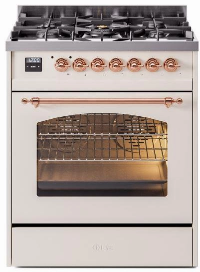 Ilve UP30NMPAWP Nostalgie Ii 30 Inch Dual Fuel Natural Gas Freestanding Range In Antique White With Copper Trim Freestanding Ranges freestanding dual fuel range 30 inch