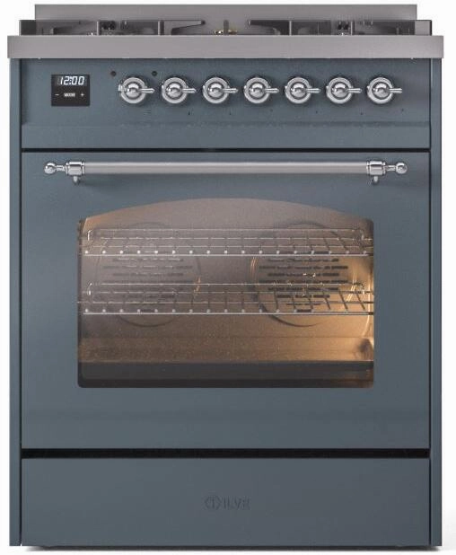 Ilve UP30NMPBGCLP Nostalgie Ii 30 Inch Dual Fuel Liquid Propane Freestanding Range In Blue Grey With Chrome Trim