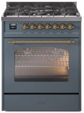 Ilve UP30NMPBGG Nostalgie Ii 30 Inch Dual Fuel Natural Gas Freestanding Range In Blue Grey With Brass Trim Freestanding Ranges freestanding dual fuel range 30 inch