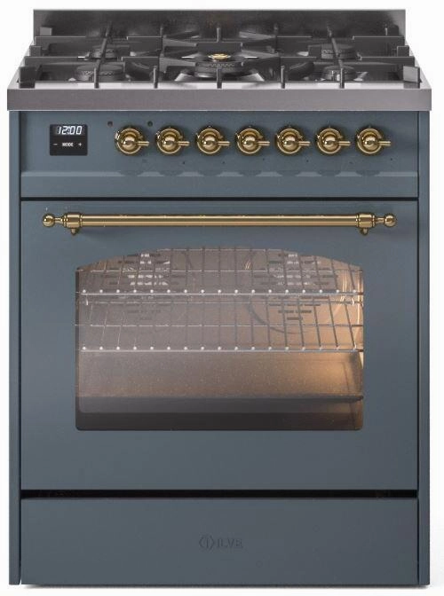 Ilve UP30NMPBGG Nostalgie Ii 30 Inch Dual Fuel Natural Gas Freestanding Range In Blue Grey With Brass Trim Freestanding Ranges freestanding dual fuel range 30 inch