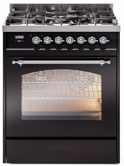 Ilve UP30NMPBKCLP Nostalgie Ii 30 Inch Dual Fuel Liquid Propane Freestanding Range In Glossy Black With Chrome Trim Freestanding Ranges freestanding dual fuel range 30 inch