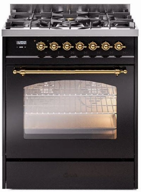 Ilve UP30NMPBKG Nostalgie Ii 30 Inch Dual Fuel Natural Gas Freestanding Range In Glossy Black With Brass Trim Freestanding Ranges freestanding dual fuel range 30 inch