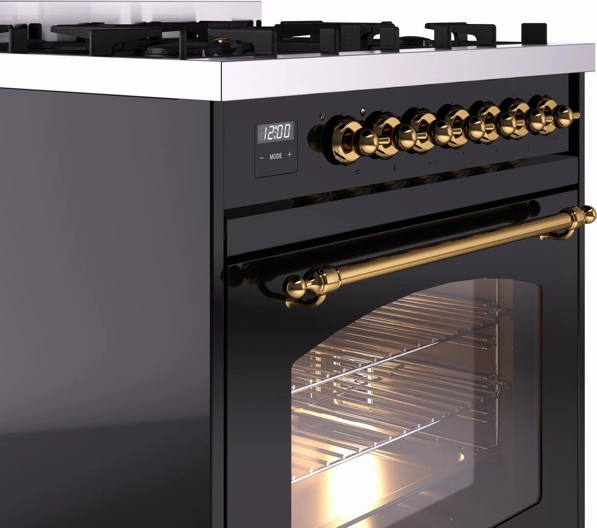 Ilve UP30NMPBKG Nostalgie Ii 30 Inch Dual Fuel Natural Gas Freestanding Range In Glossy Black With Brass Trim