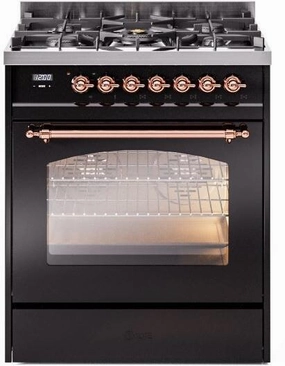 Ilve UP30NMPBKP Nostalgie Ii 30 Inch Dual Fuel Natural Gas Freestanding Range In Glossy Black With Copper Trim Freestanding Ranges freestanding dual fuel range 30 inch