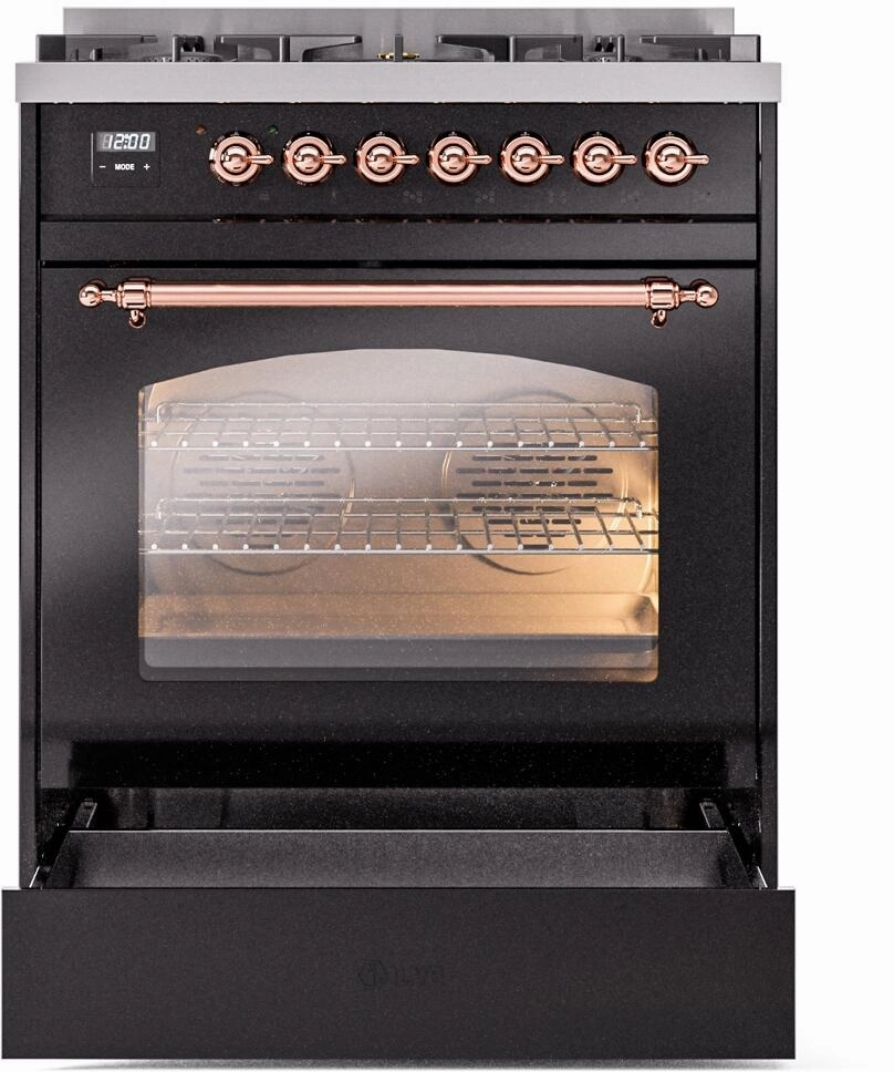 Ilve UP30NMPBKP Nostalgie Ii 30 Inch Dual Fuel Natural Gas Freestanding Range In Glossy Black With Copper Trim