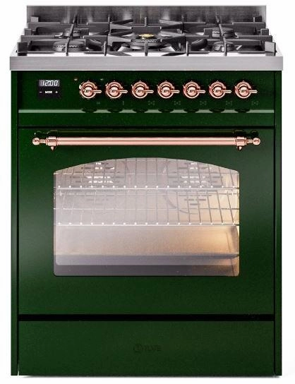 Ilve UP30NMPEGP Nostalgie Ii 30 Inch Dual Fuel Natural Gas Freestanding Range In Emerald Green With Copper Trim Freestanding Ranges freestanding dual fuel range 30 inch
