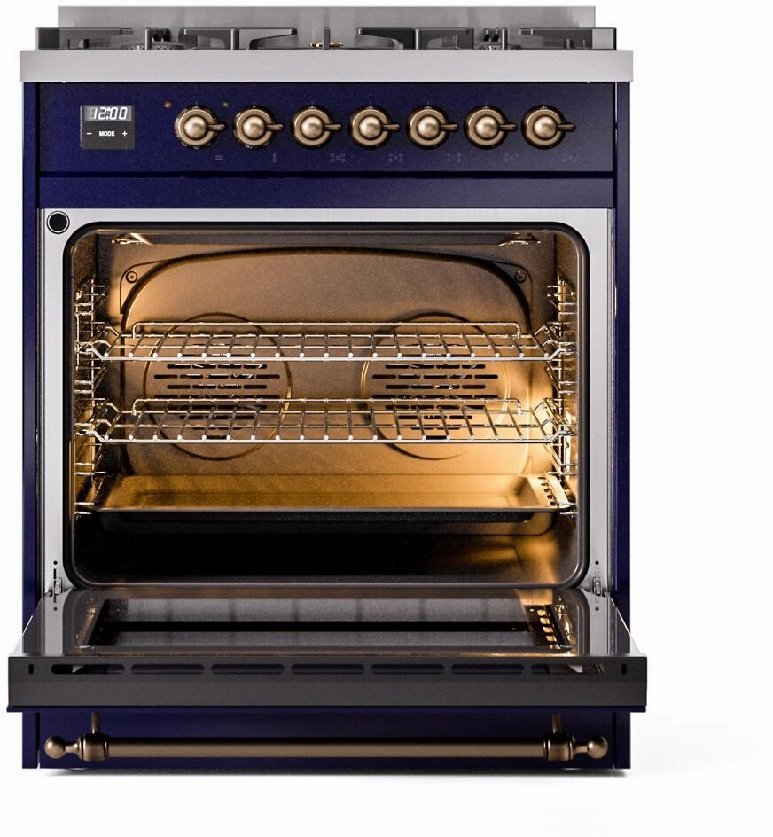 Ilve UP30NMPMBBLP Nostalgie Ii 30 Inch Dual Fuel Liquid Propane Freestanding Range In Blue With Bronze Trim