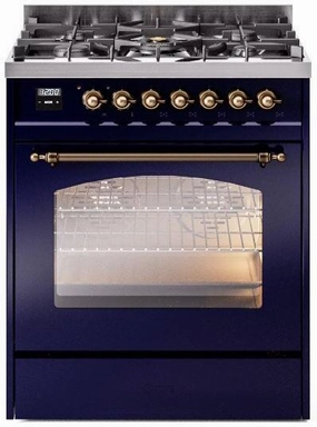 Ilve UP30NMPMBBLP Nostalgie Ii 30 Inch Dual Fuel Liquid Propane Freestanding Range In Blue With Bronze Trim Freestanding Ranges freestanding dual fuel range 30 inch