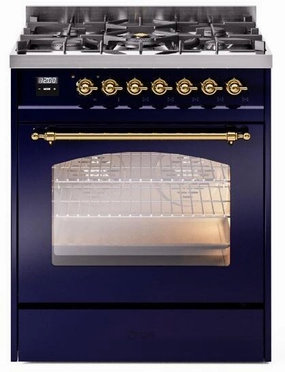 Ilve UP30NMPMBG Nostalgie Ii 30 Inch Dual Fuel Natural Gas Freestanding Range In Blue With Brass Trim Freestanding Ranges freestanding dual fuel range 30 inch
