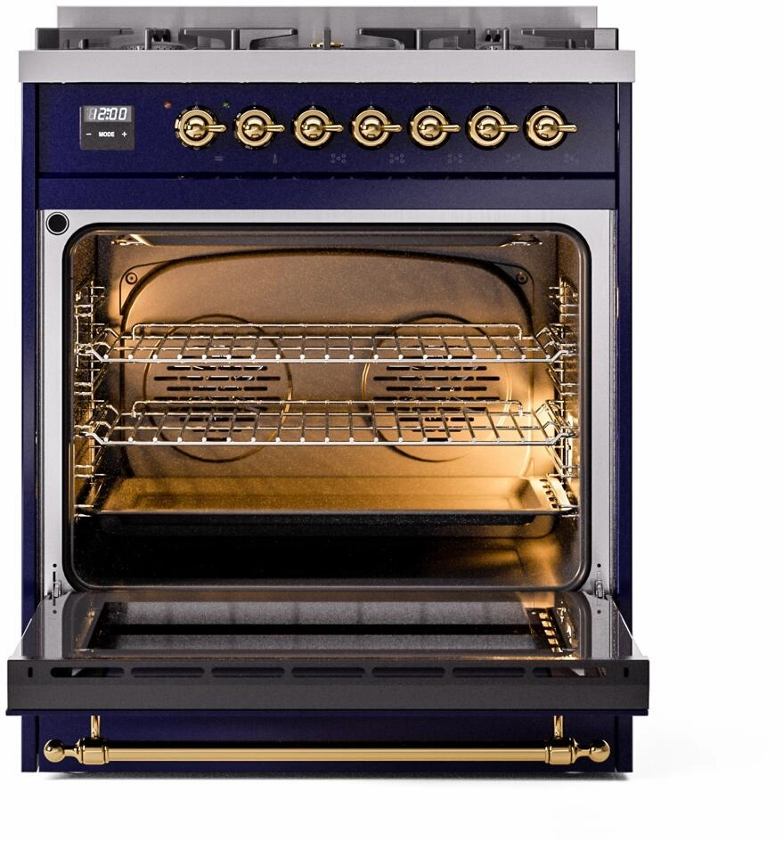 Ilve UP30NMPMBG Nostalgie Ii 30 Inch Dual Fuel Natural Gas Freestanding Range In Blue With Brass Trim